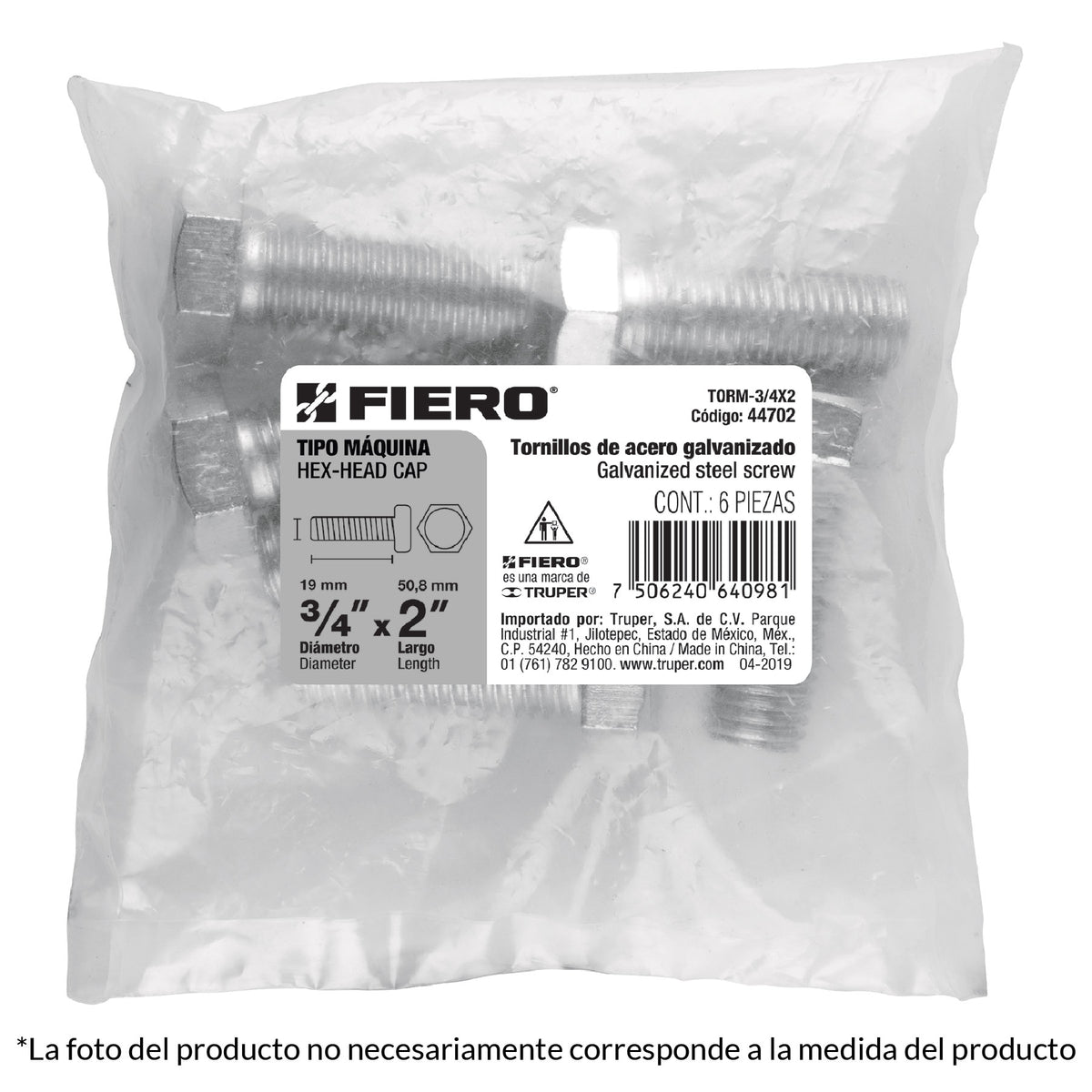 Bolsa con 4 Tornillos 3/4' X 3' Tipo Máquina, Fiero