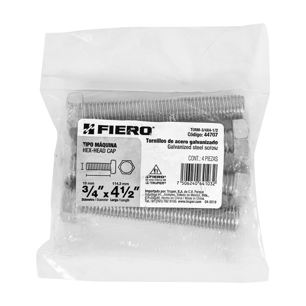 Bolsa con 4 Tornillos 3/4' X 4-1/2' Tipo Máquina, Fiero
