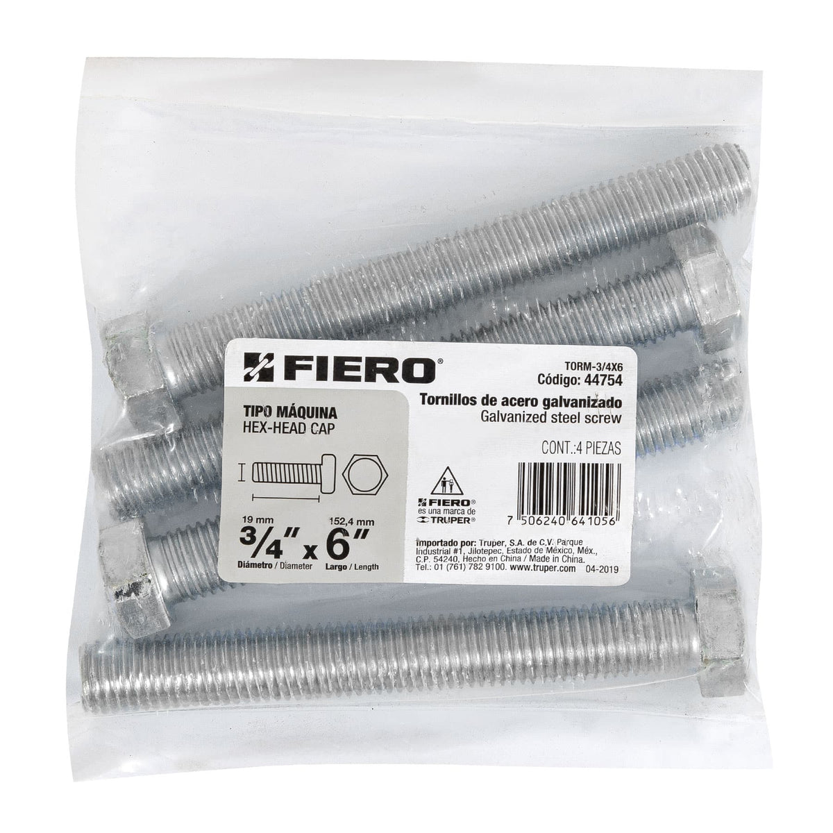 Bolsa con 4 Tornillos 3/4' X 6' Tipo Máquina, Fiero