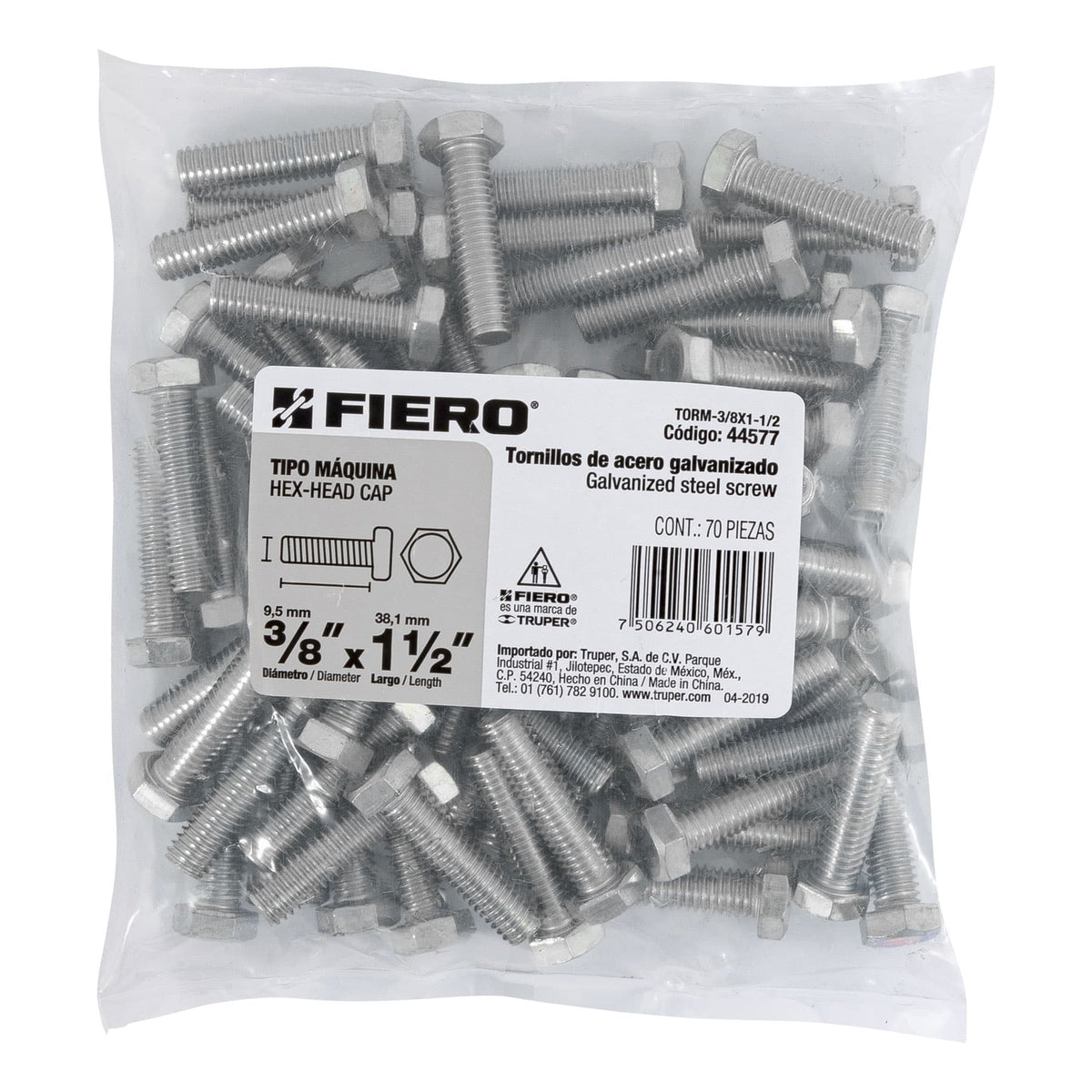 Bolsa con 70 Tornillos 3/8' X 1-1/2' Tipo Máquina, Fiero