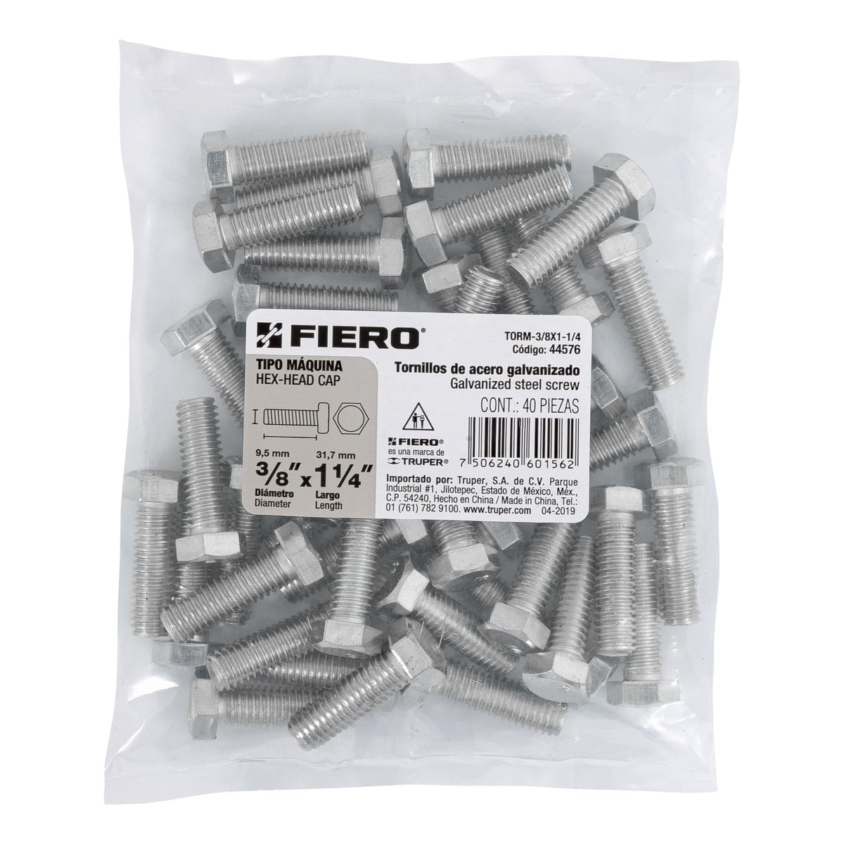 Bolsa con 40 Tornillos 3/8' X 1-1/4' Tipo Máquina, Fiero