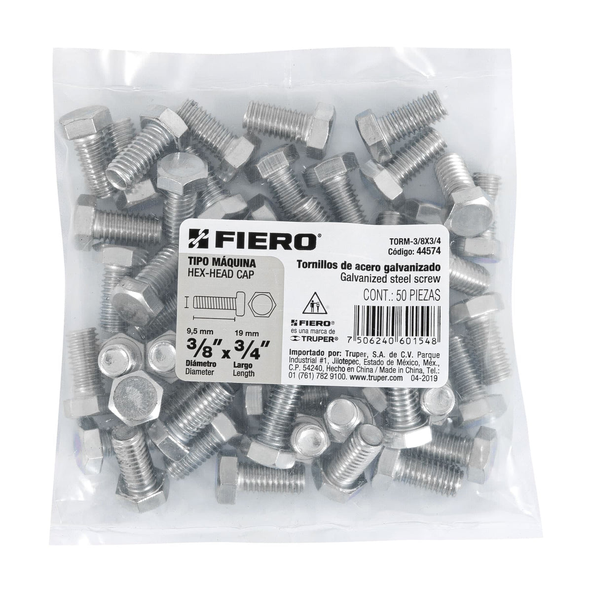 Bolsa con 50 Tornillos 3/8' X 3/4' Tipo Máquina, Fiero