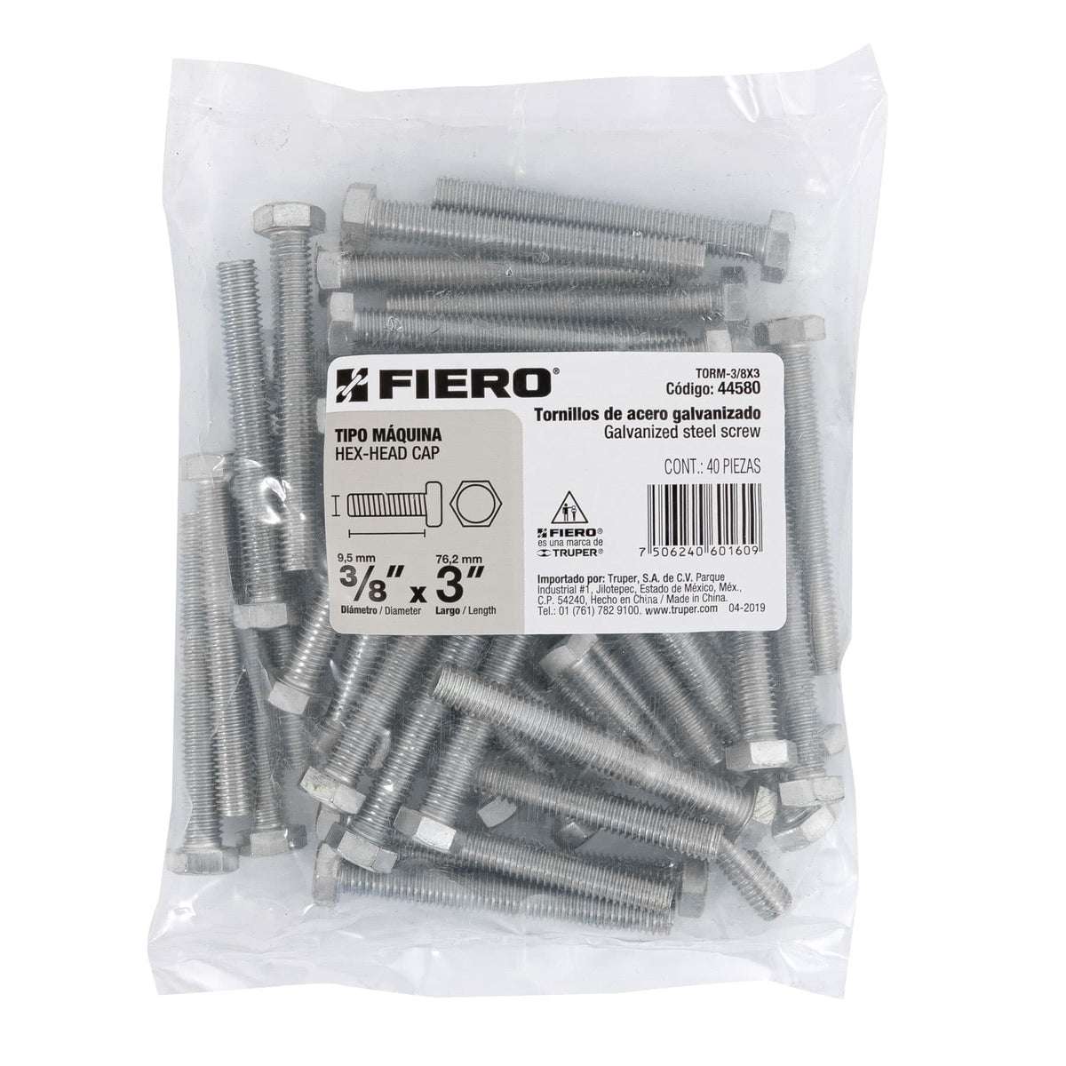 Bolsa con 40 Tornillos 3/8' X 3' Tipo Máquina, Fiero