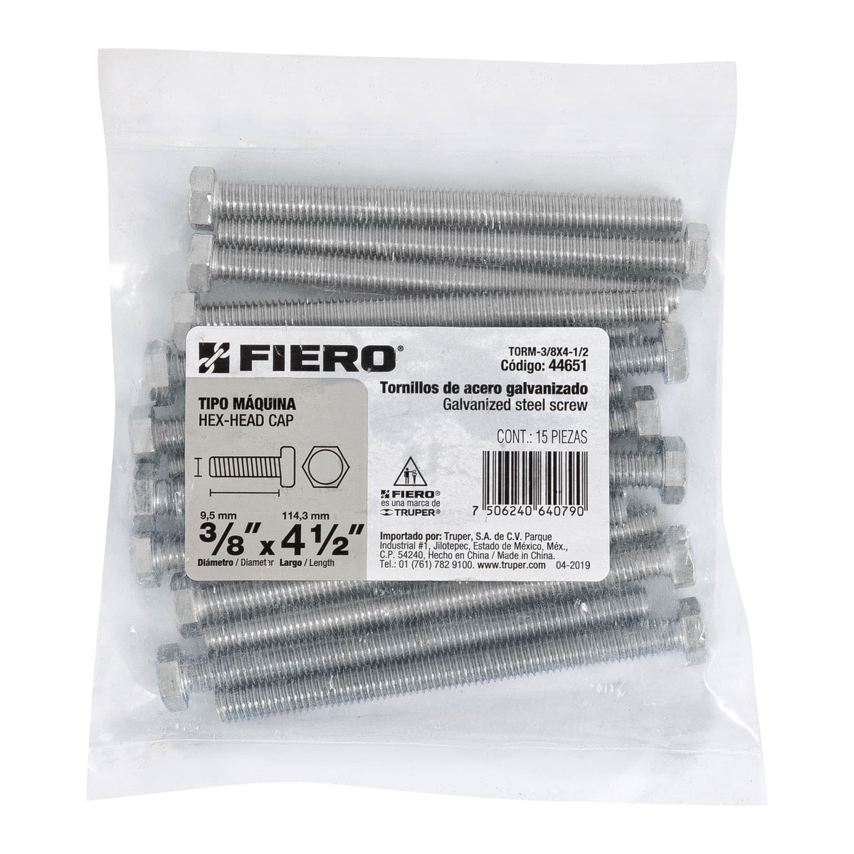 Bolsa con 15 Tornillos 3/8' X 4-1/2' Tipo Máquina, Fiero