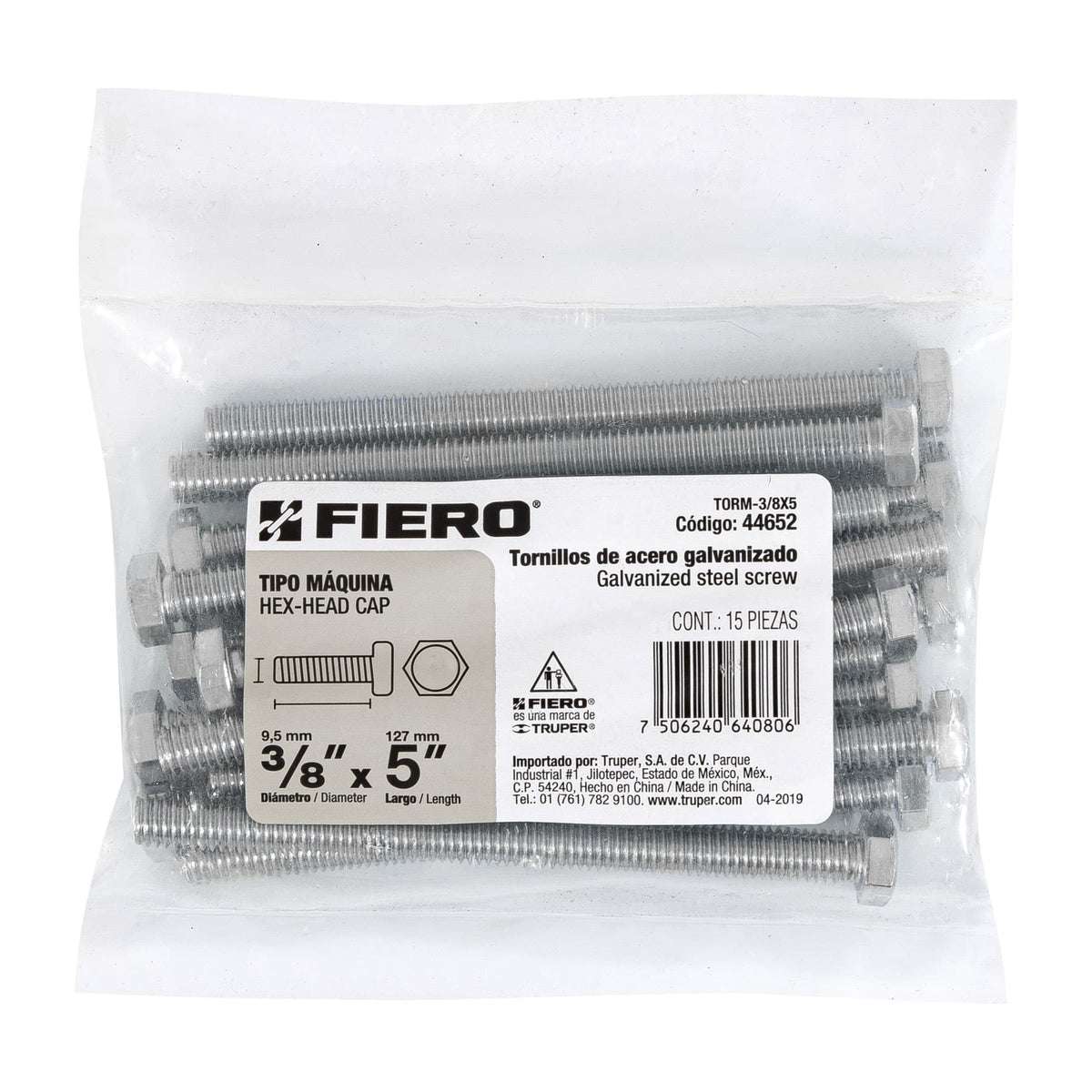 Bolsa con 15 Tornillos 3/8' X 5' Tipo Máquina, Fiero