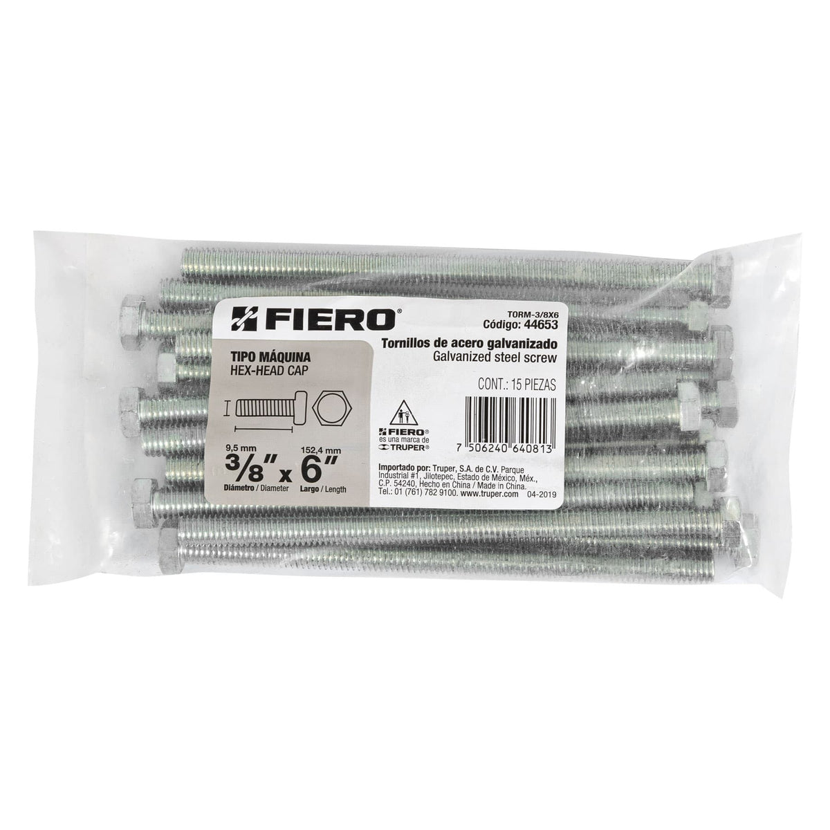 Bolsa con 15 Tornillos 3/8' X 6' Tipo Máquina, Fiero