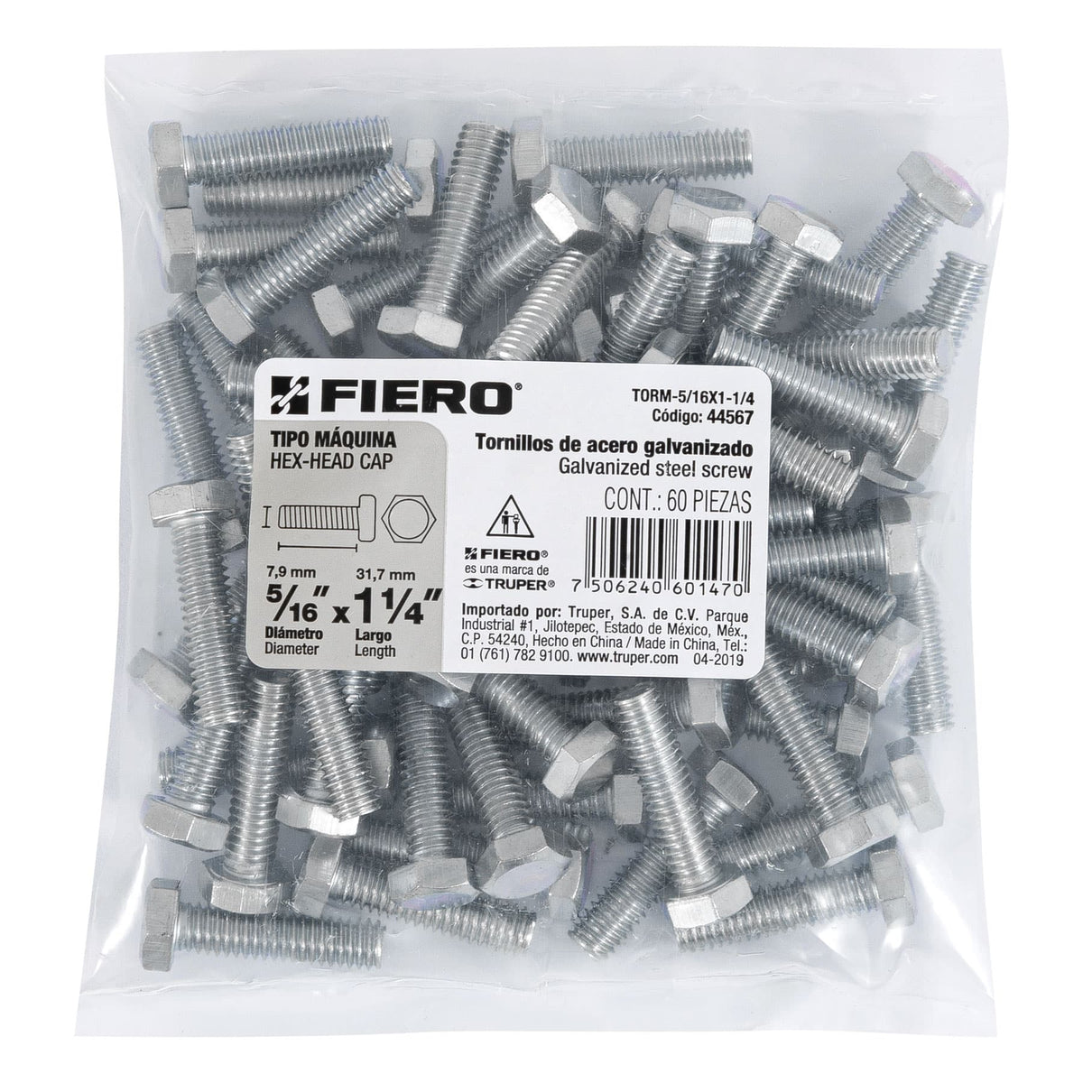 Bolsa con 60 Tornillos 5/16' X 1-1/4' Tipo Máquina, Fiero