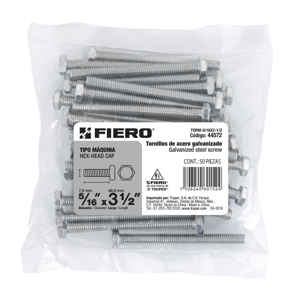Bolsa con 50 Tornillos 5/16' X 3-1/2' Tipo Máquina, Fiero
