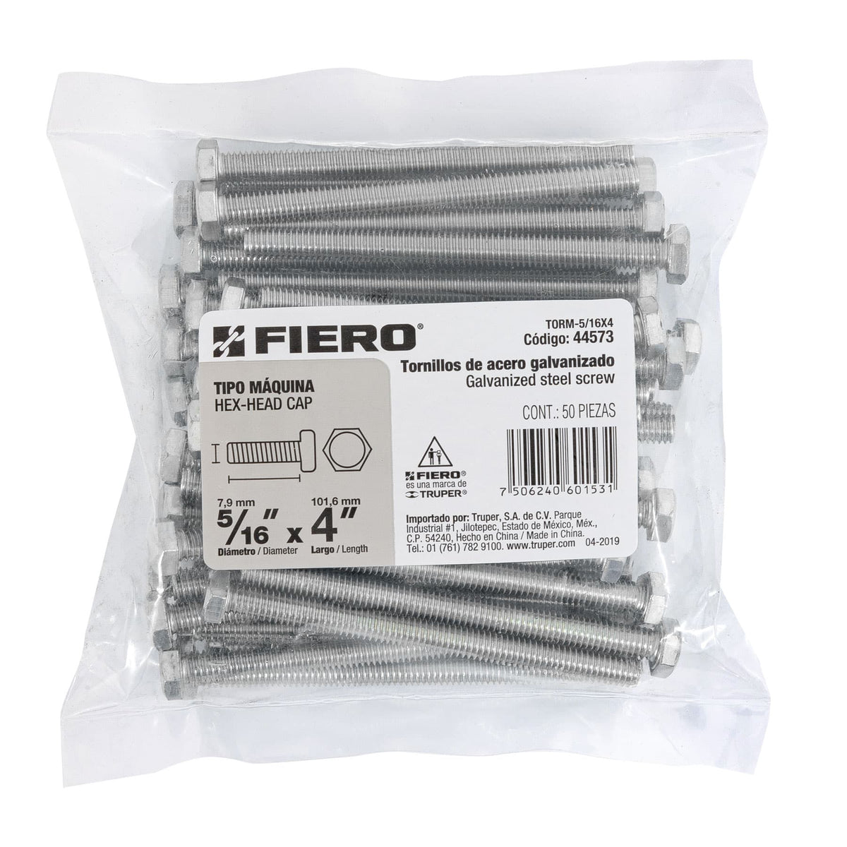 Bolsa con 50 Tornillos 5/16' X 4' Tipo Máquina, Fiero