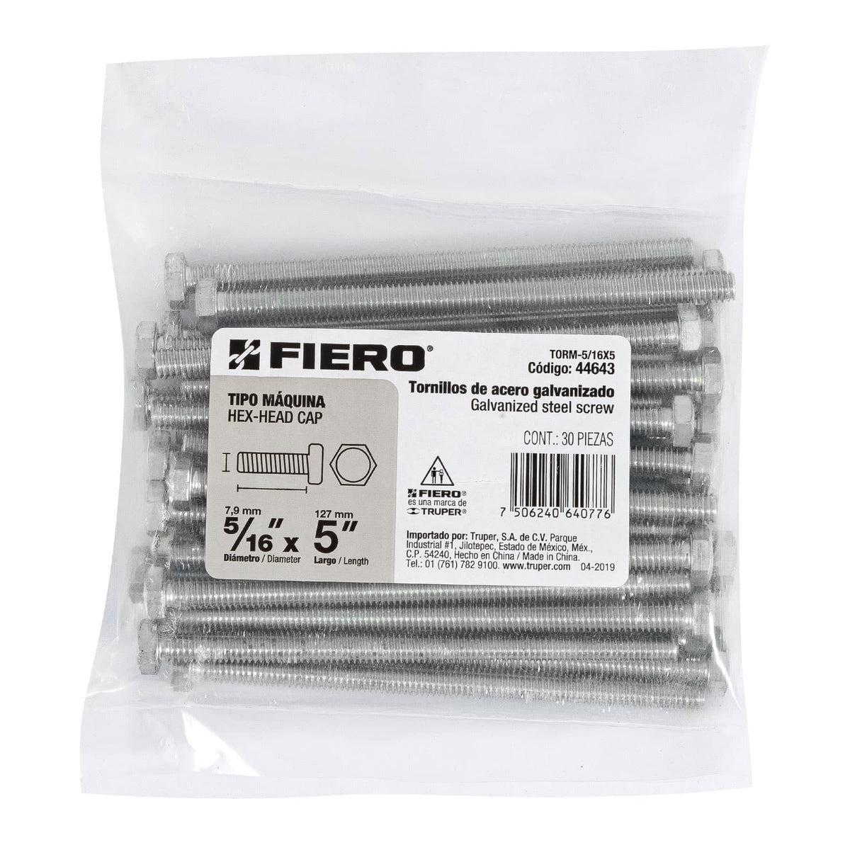 Bolsa con 30 Tornillos 5/16' X 5' Tipo Máquina, Fiero