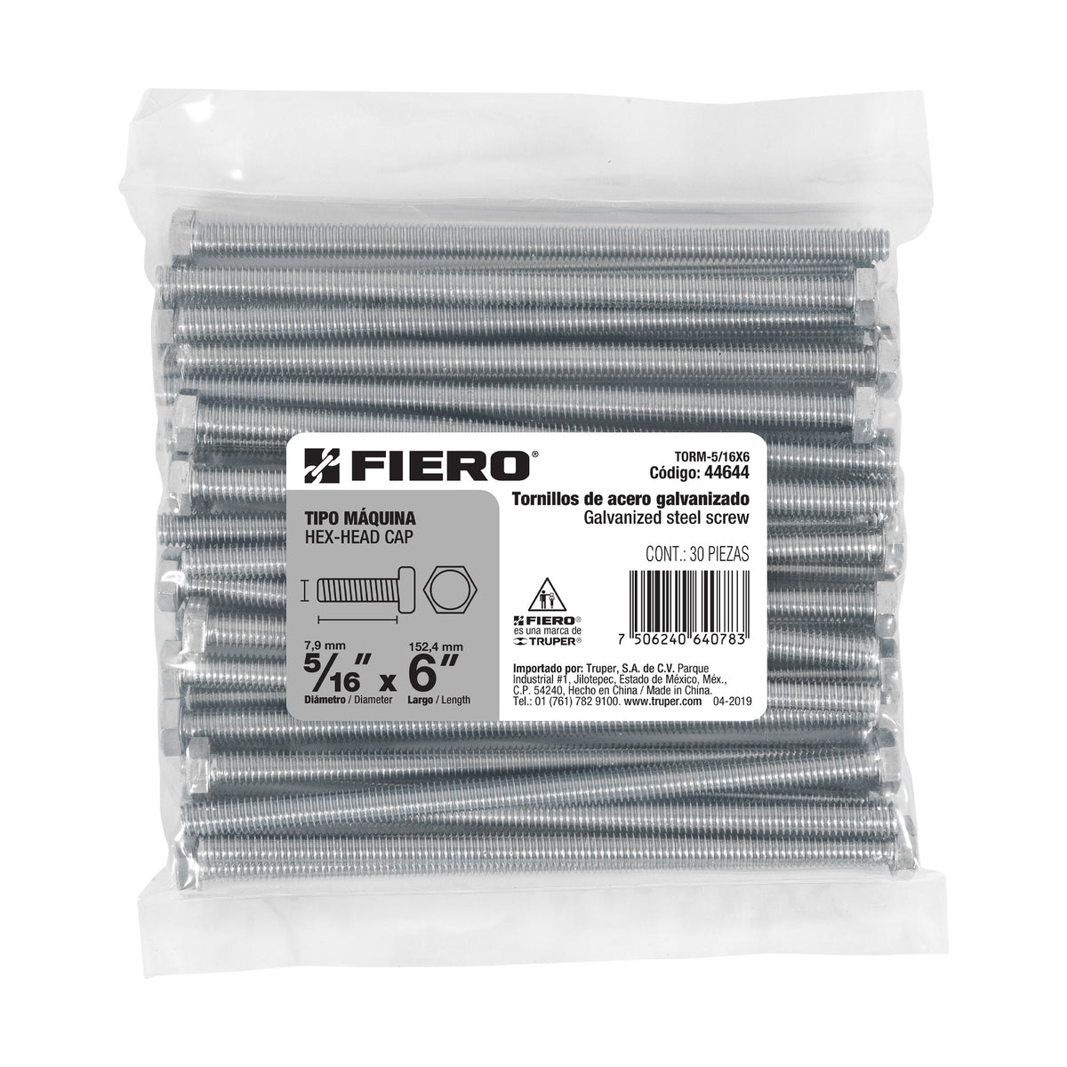 Bolsa con 30 Tornillos 5/16' X 6' Tipo Máquina, Fiero