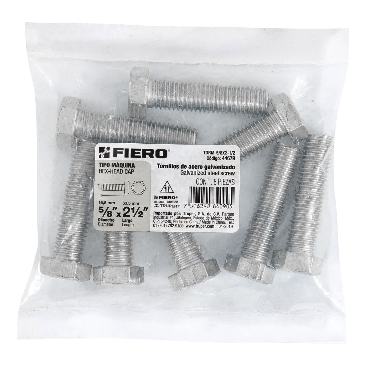 Bolsa con 8 Tornillos 5/8' X 2-1/2' Tipo Máquina, Fiero