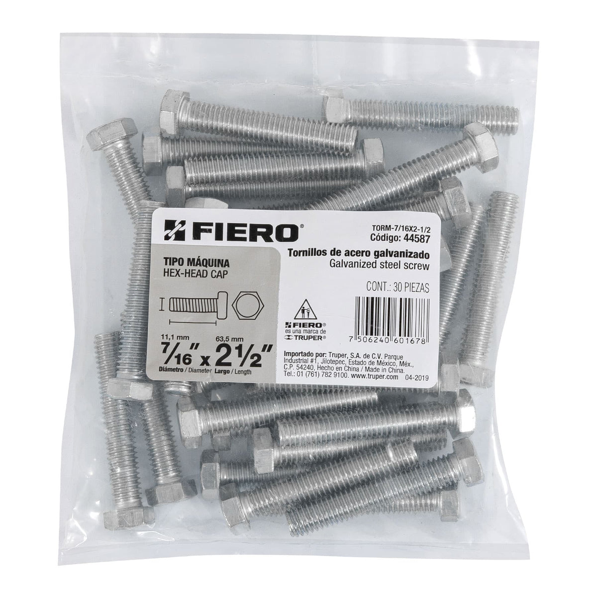 Bolsa con 30 Tornillos 7/16' X 2-1/2' Tipo Máquina, Fiero
