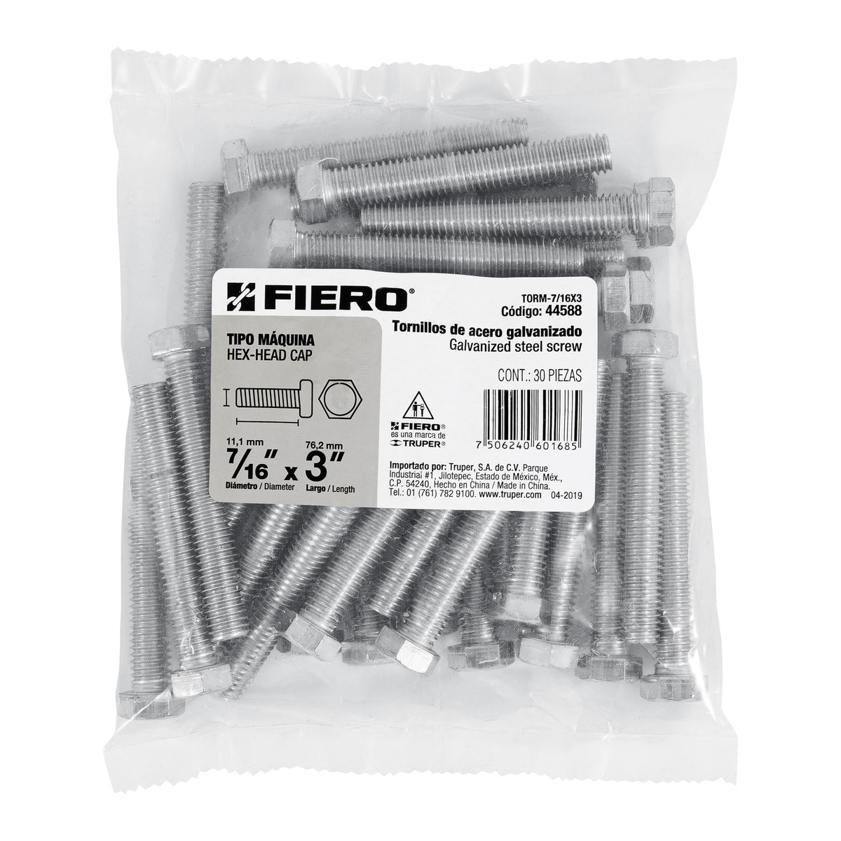 Bolsa con 30 Tornillos 7/16' X 3' Tipo Máquina, Fiero