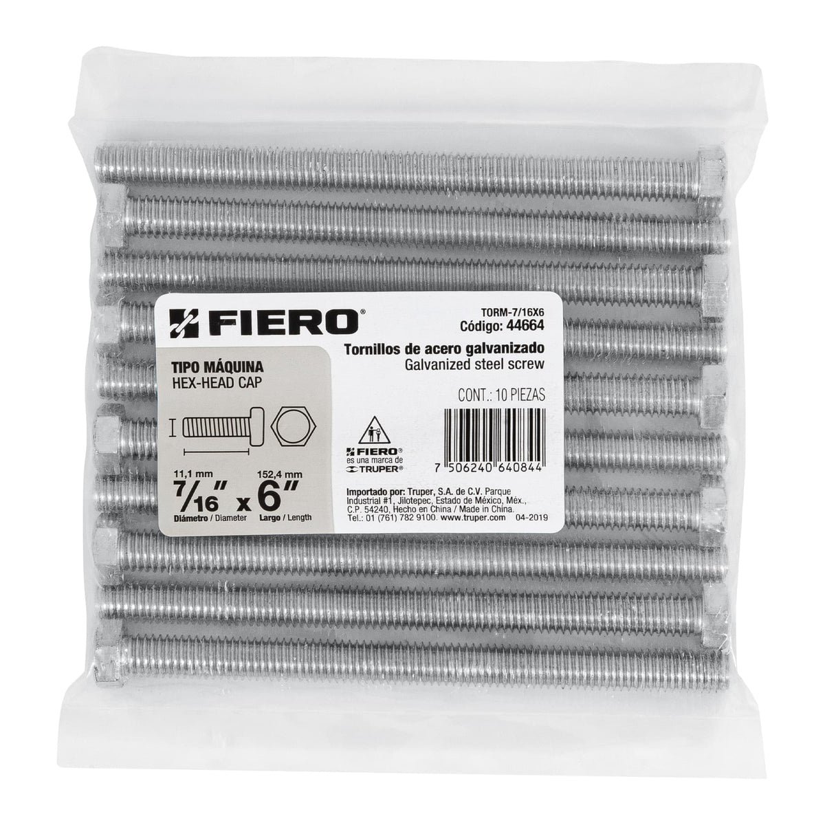 Bolsa con 10 Tornillos 7/16' X 6' Tipo Máquina, Fiero