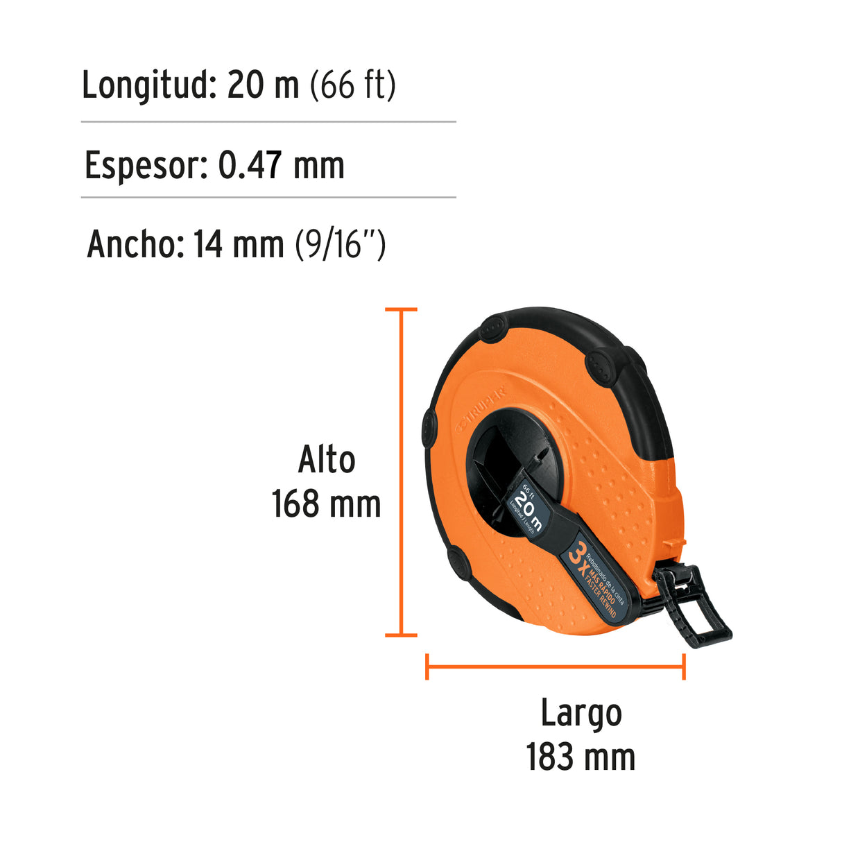 Cinta Métrica Larga 20M Fibra de Vidrio, Carcasa Plástica