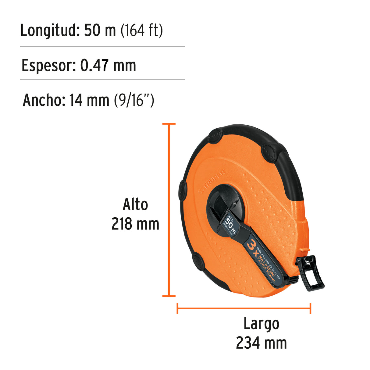 Cinta Métrica Larga 50M Fibra de Vidrio, Carcasa Plástica