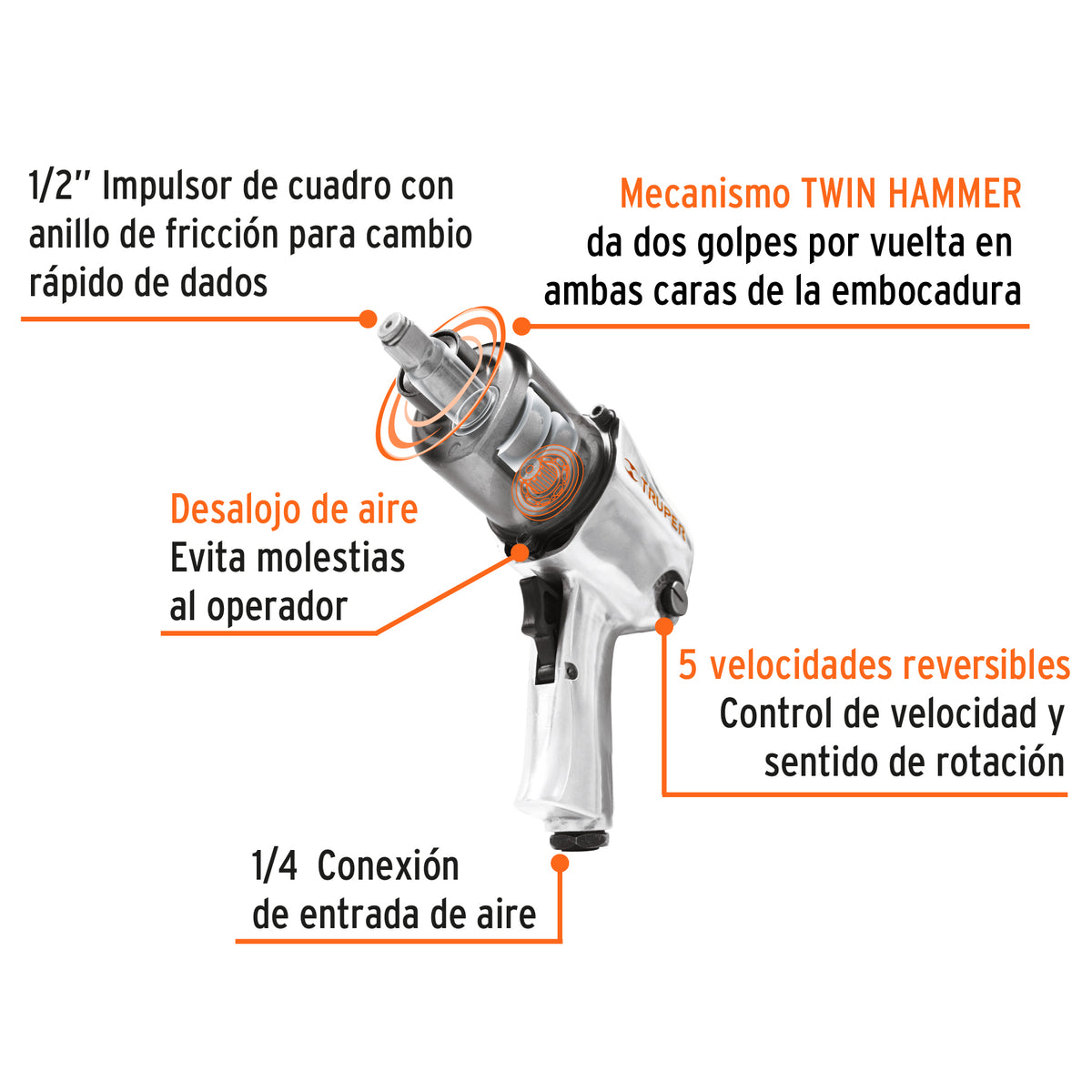 Llave (Pistola) de Impacto Neumática 1/2', Ind, Truper