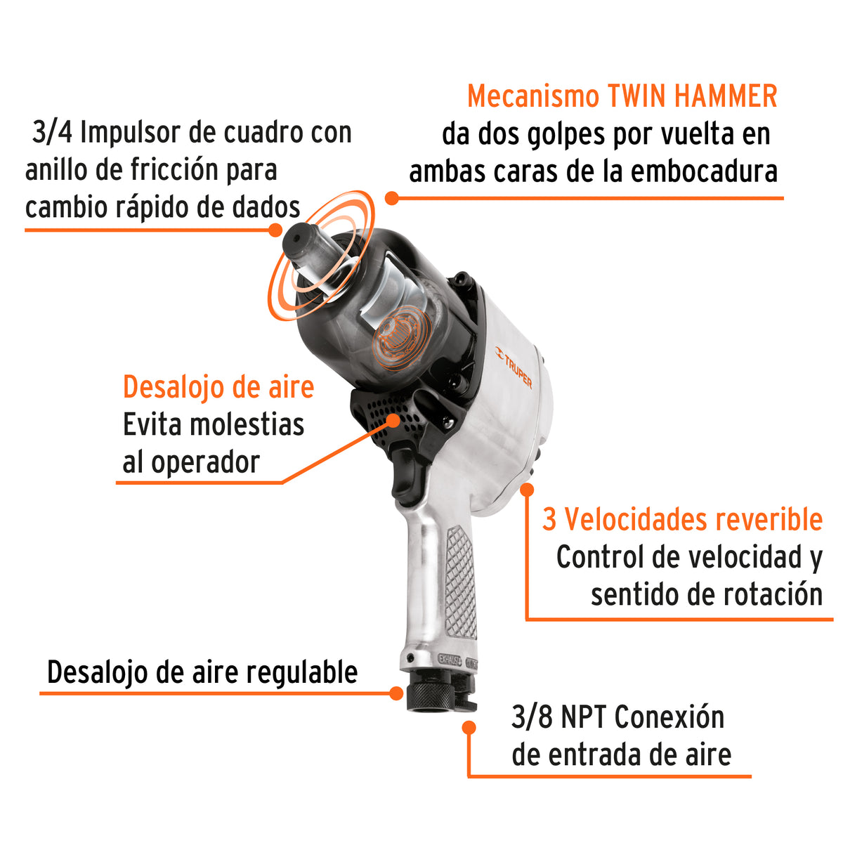 Llave (Pistola) de Impacto Neumática 3/4', Ind, Truper