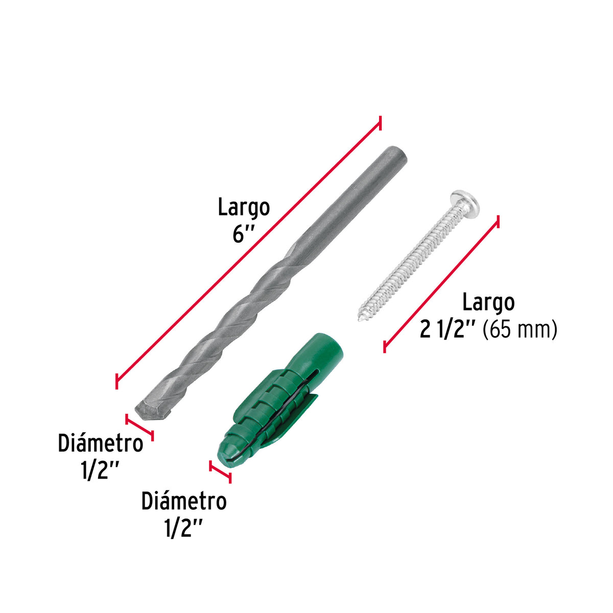 Kit de 20 Taquetes 1/2' con Pijas #14 y 1 Broca 1/2', Fiero