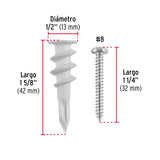 Kit 20 Taquetes Plásticos 1/2', para Panel de Yeso con Pijas #8