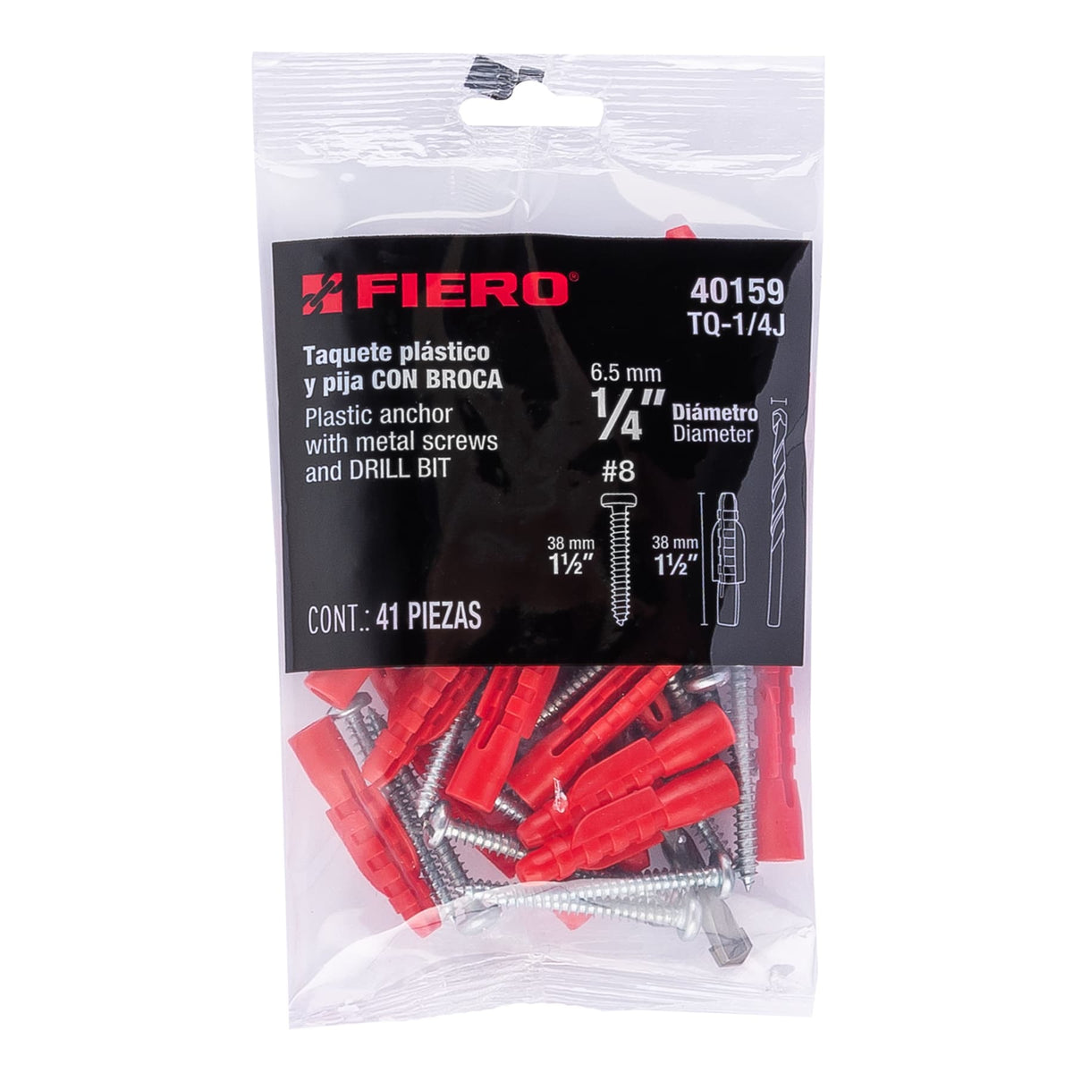 Kit de 20 Taquetes 1/4' con Pijas #8 y 1 Broca 1/4', Fiero