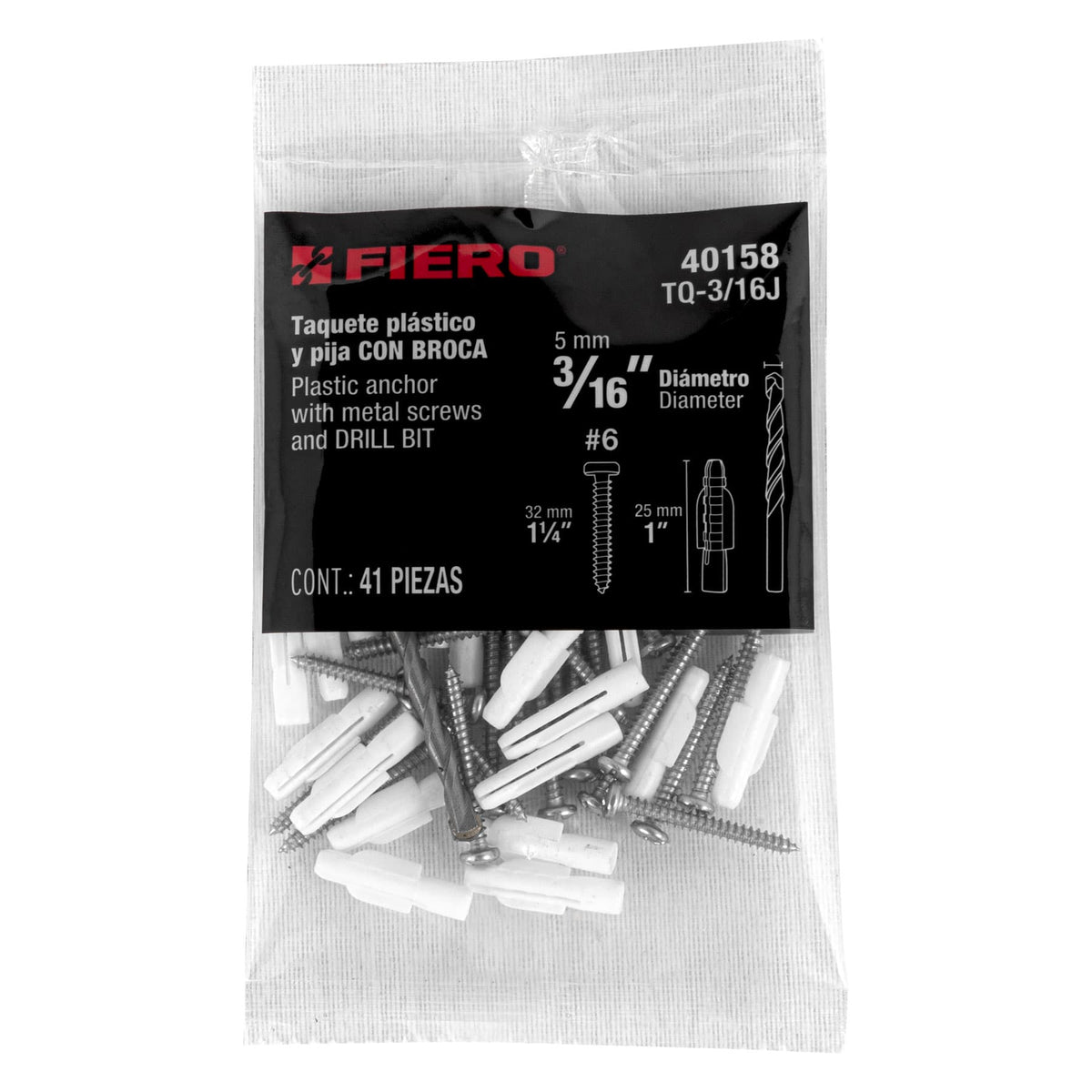 Kit de 20 Taquetes 3/16' con Pijas #6 y 1 Broca 3/16', Fiero