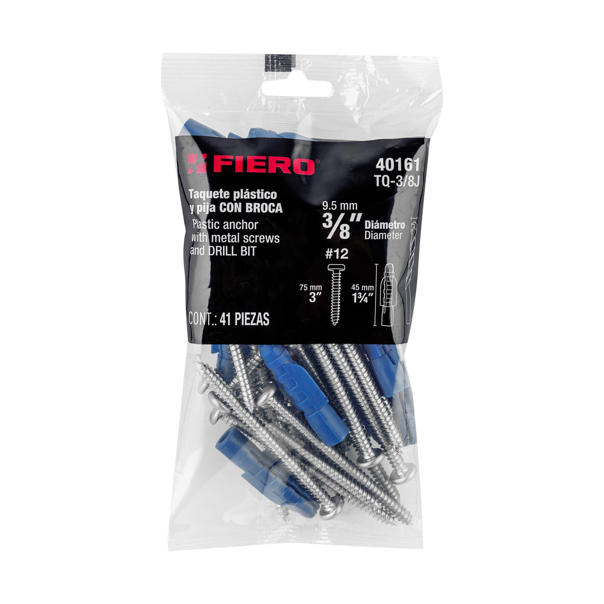 Kit de 20 Taquetes 3/8' con Pijas #12 y 1 Broca 3/8', Fiero