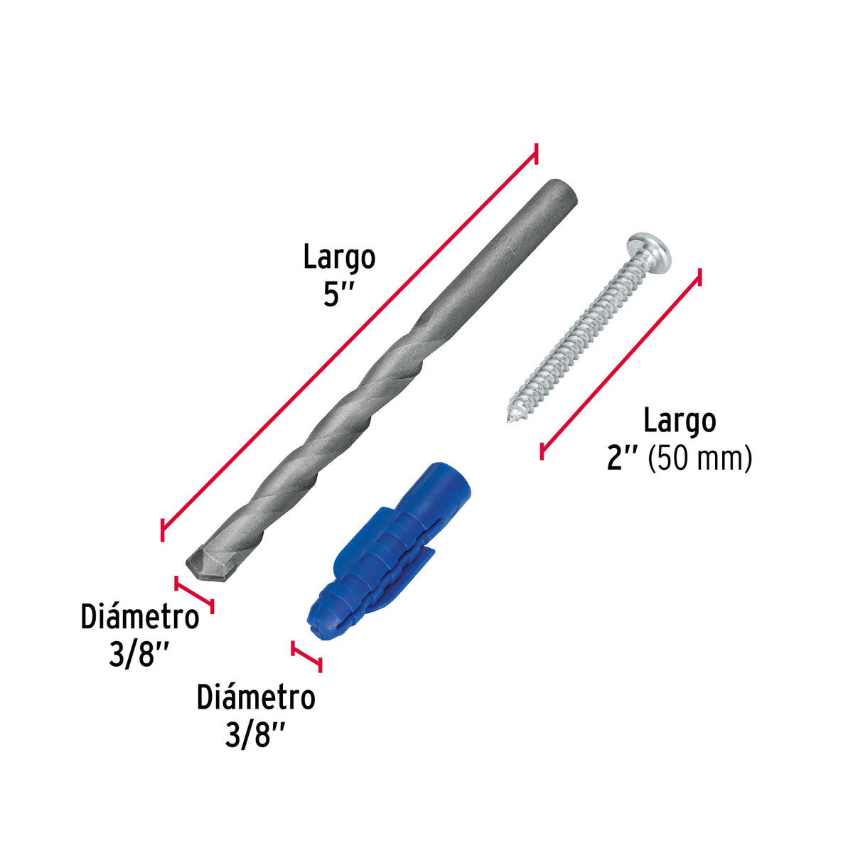 Kit de 20 Taquetes 3/8' con Pijas #12 y 1 Broca 3/8', Fiero