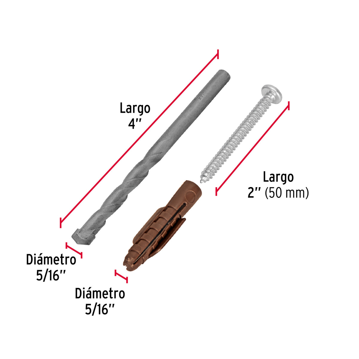 Kit de 20 Taquetes 5/16'con Pijas #10 y 1 Broca 5/16', Fiero