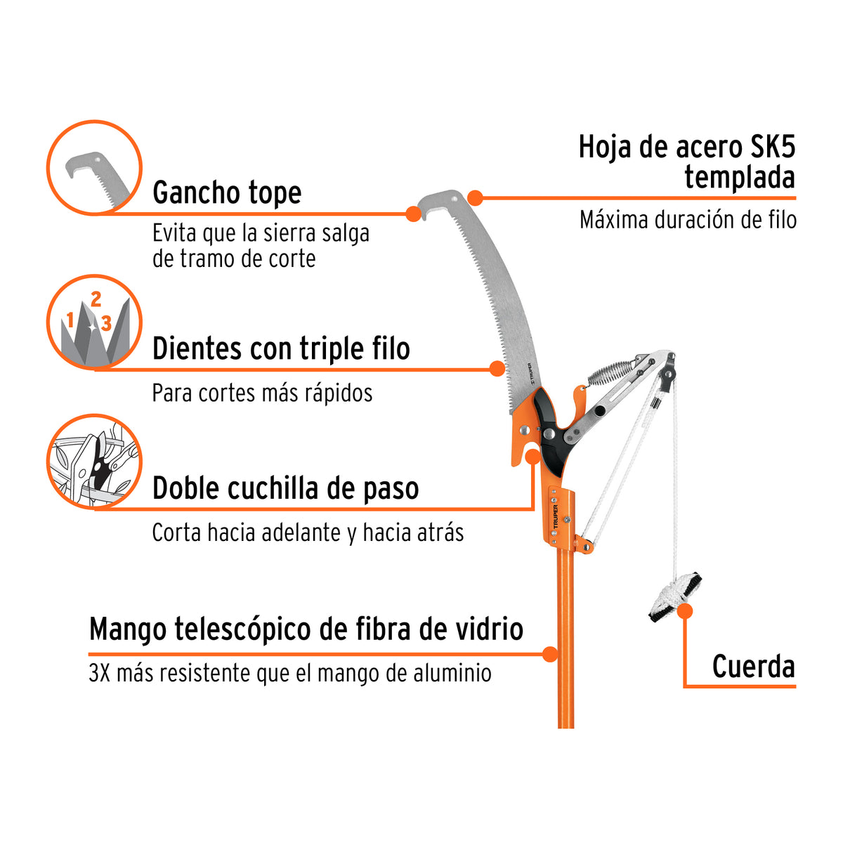 Cortador de Ramas Altas Mango Telescópico 3.6 m Fibra Vidrio