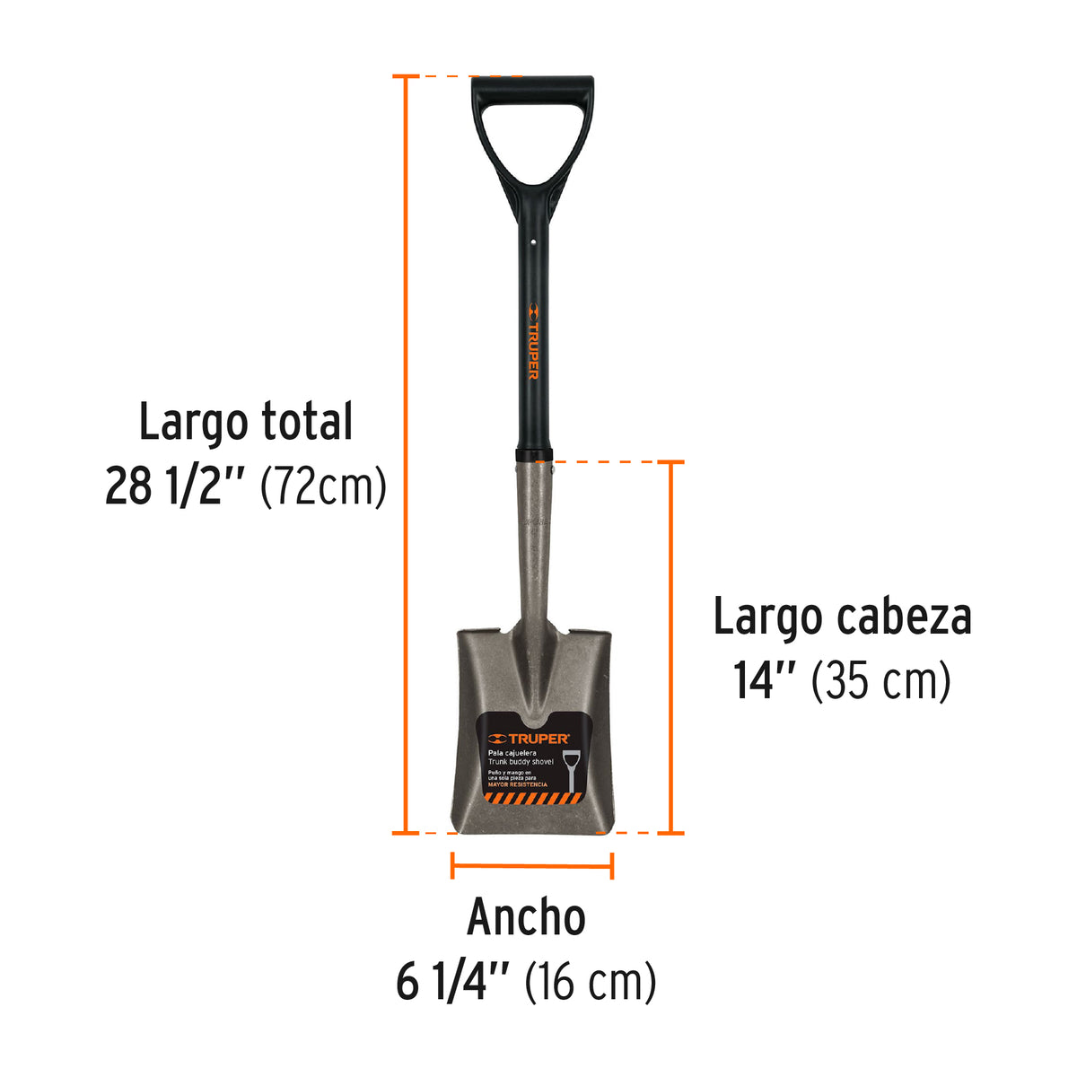 Pala Cajuelera Cuadrada, Puño 'D' con Mango Fibra de Vidrio