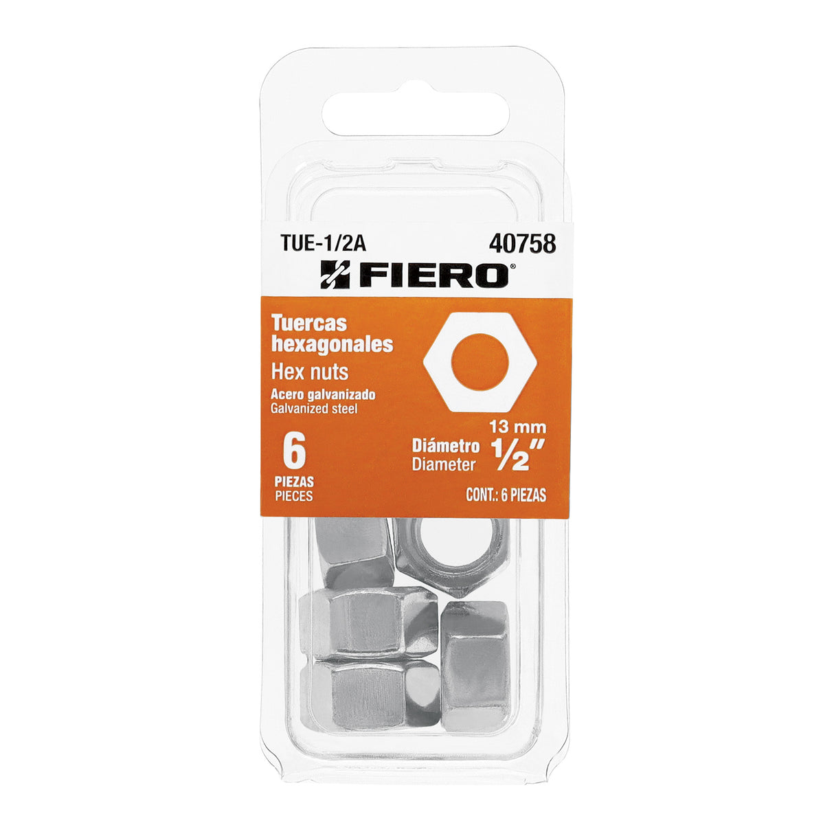Blíster con 6 Tuercas 1/2' Hex de Acero Galvanizado, Fiero