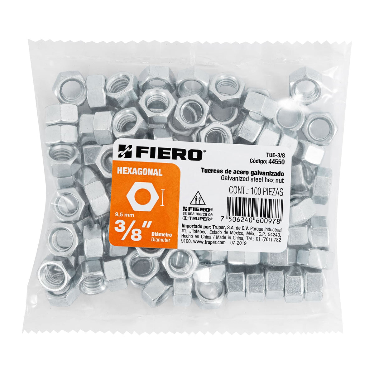 Bolsa con 100 Tuercas 3/8' Hexagonales de Acero Galvanizado