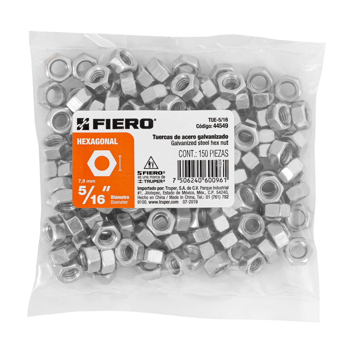 Bolsa con 150 Tuercas 5/16' Hexagonales de Acero Galvanizado