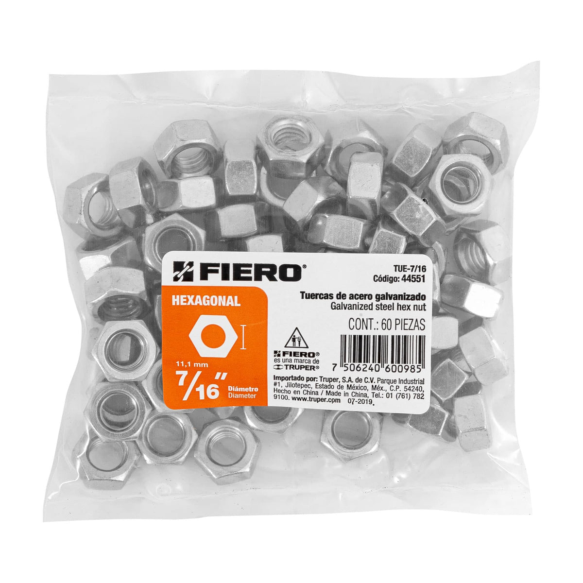 Bolsa con 60 Tuercas 7/16' Hexagonales de Acero Galvanizado
