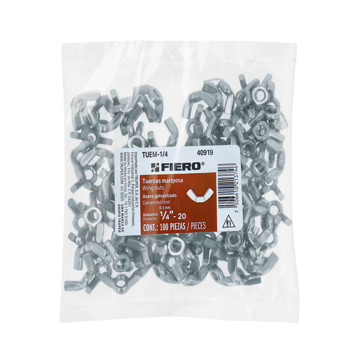 Bolsa con 100 Tuercas Tipo Mariposa, 1/4', Fiero