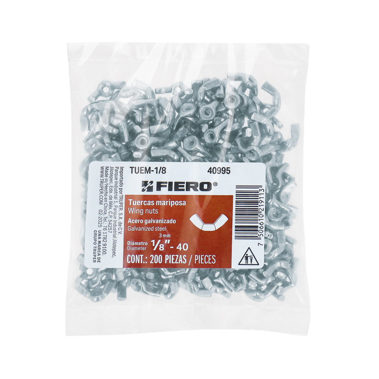 Bolsa con 200 Tuercas Tipo Mariposa, 1/8', Fiero