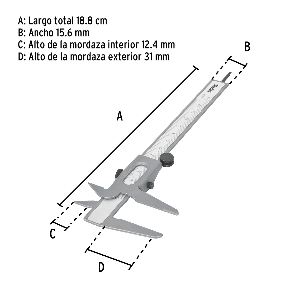 Calibrador Vernier Escolar 5', Acero, Std y mm, Pretul