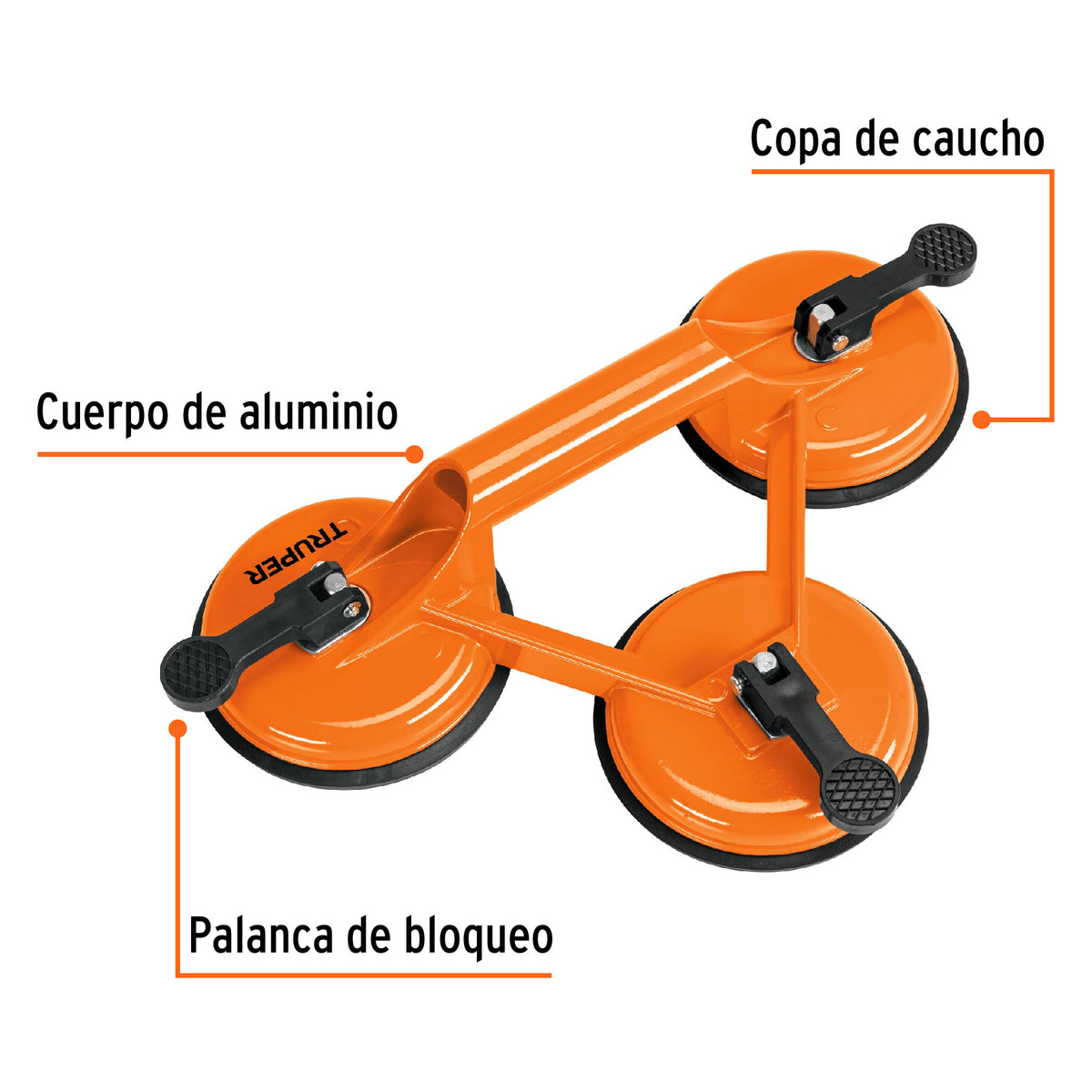 Ventosa de Aluminio para Vidrio, 3 Copas de Succión, Truper
