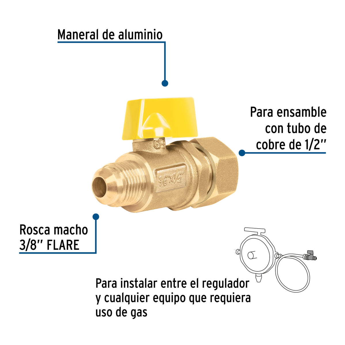 Válvula de Control Latón para Gas 3/8'X1/2' Tipo Barrilito