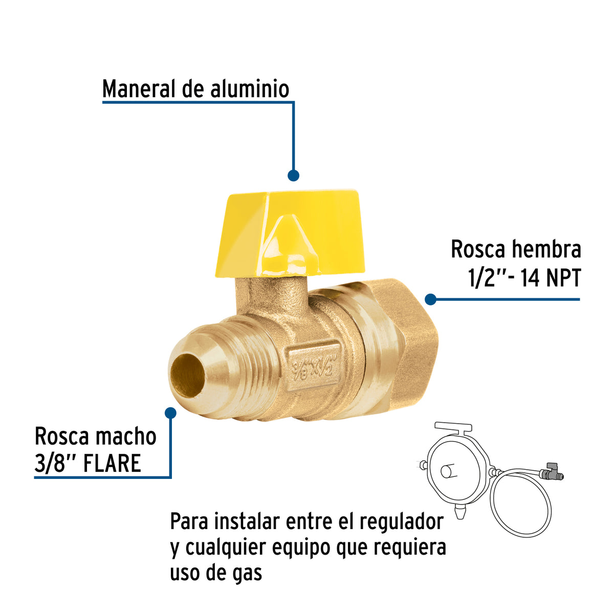 Válvula de Control de Latón para Gas, 3/8' X 1/2', Foset